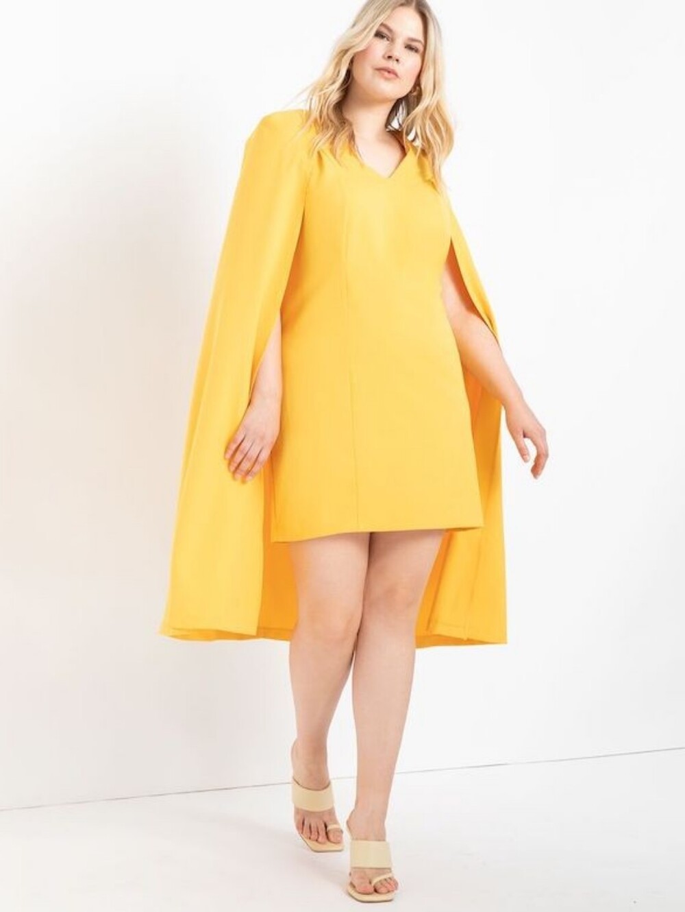 Eloquii Mustard Yellow V-Neck Cape Sleeve Dress
